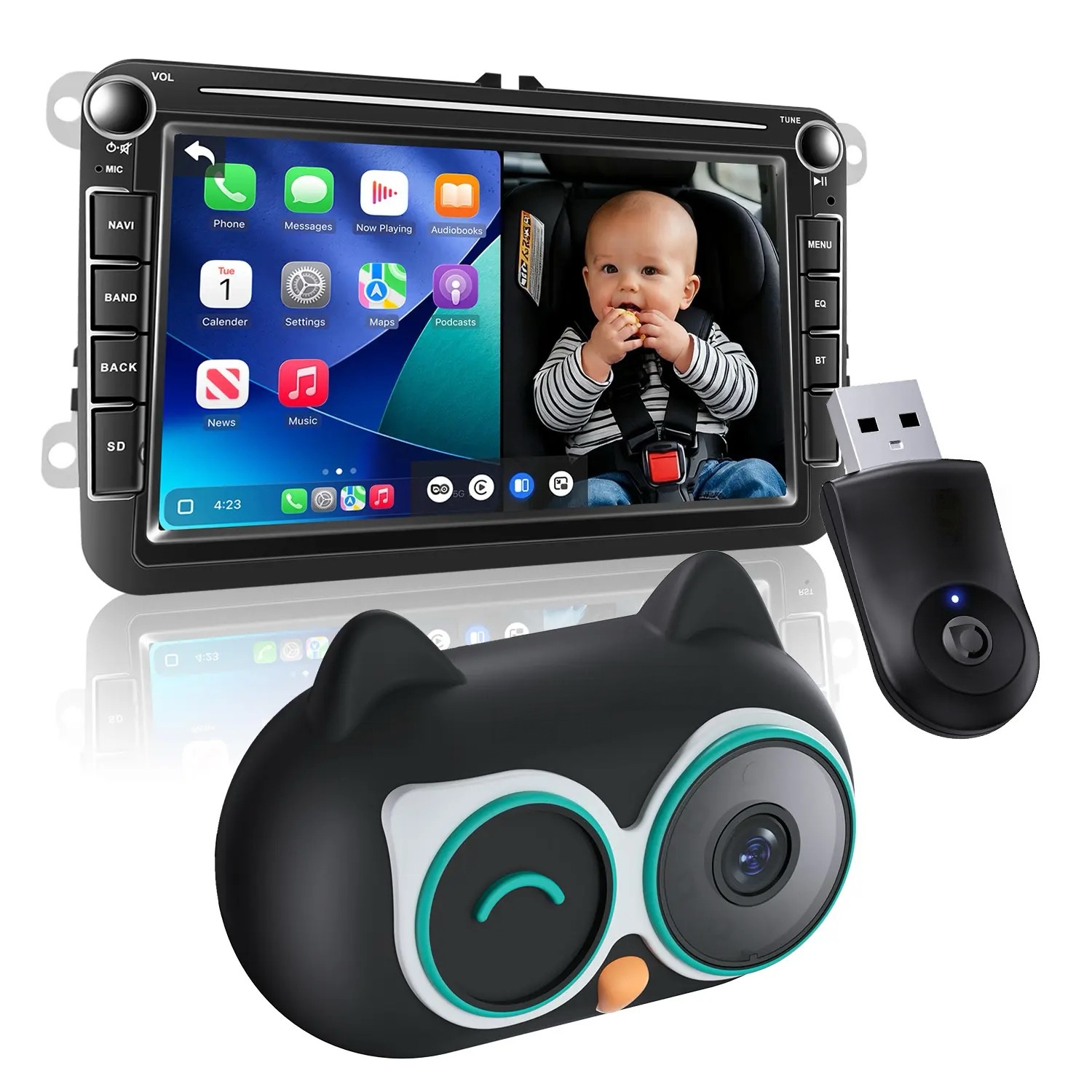 Baby Car Camera &Wireless CarPlay Adapter,1080P HD Rear Seat Monitor
